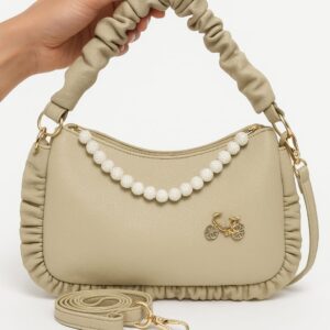 স্টাইলিশ রুচড হ্যান্ডেল হ্যান্ডব্যাগ – পার্ল চেইন সহ